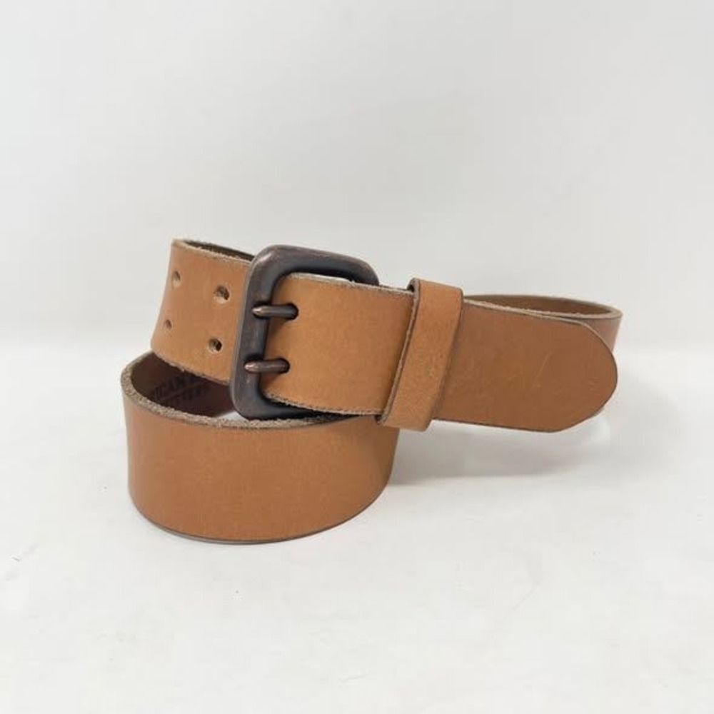 American Eagle Belt Mens 30 Tan Leather Double Prong Raw Edge Preppy Casual